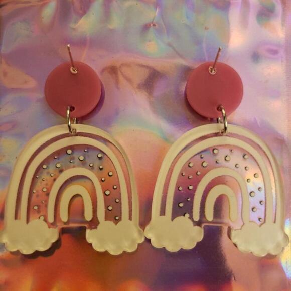 Handmade Plastic Pink Kawaii Rainbow Dangle Earrings - Picture 3 of 5